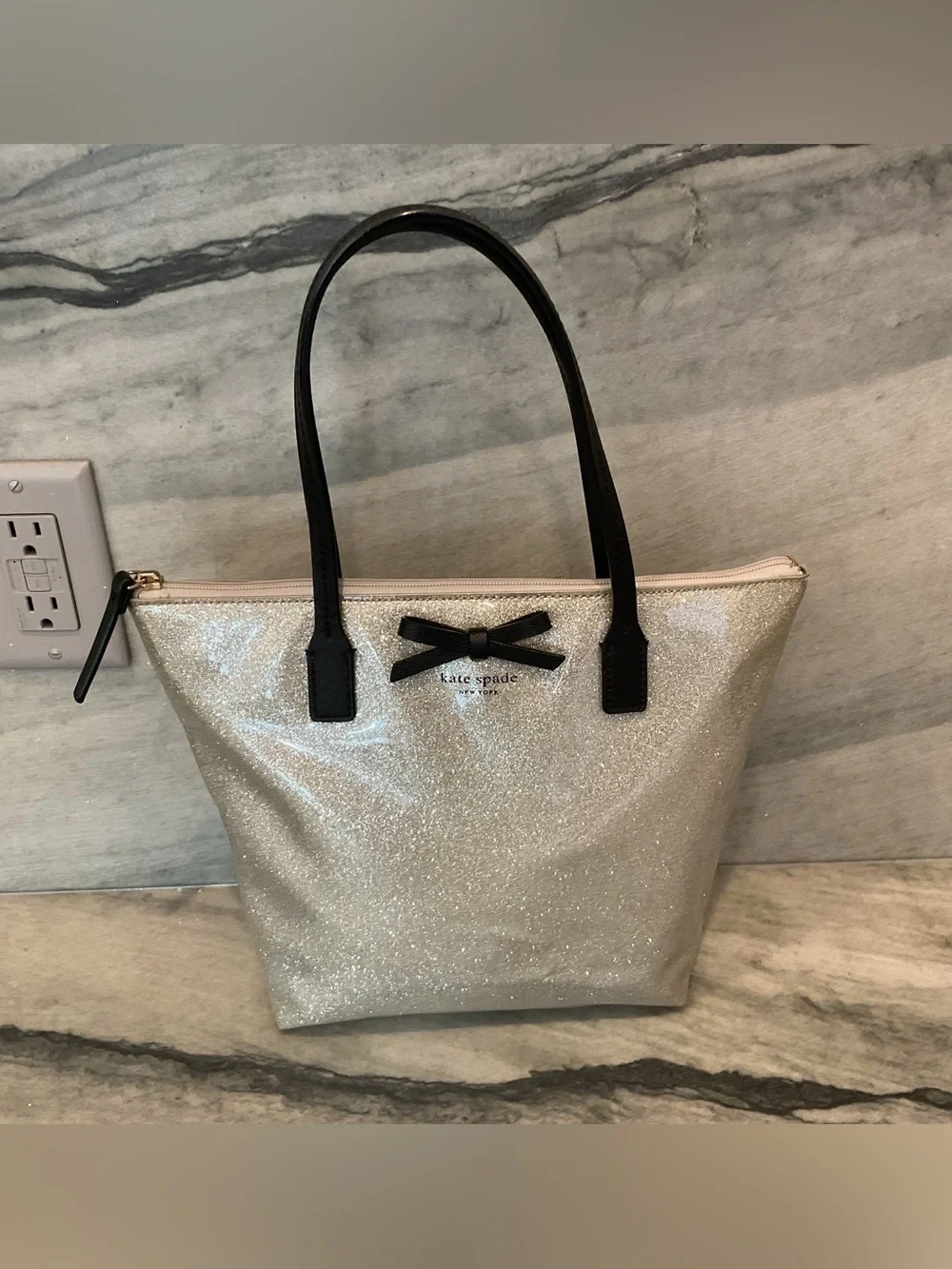 kate spade Glitter Tote in Ivory with Black Handles